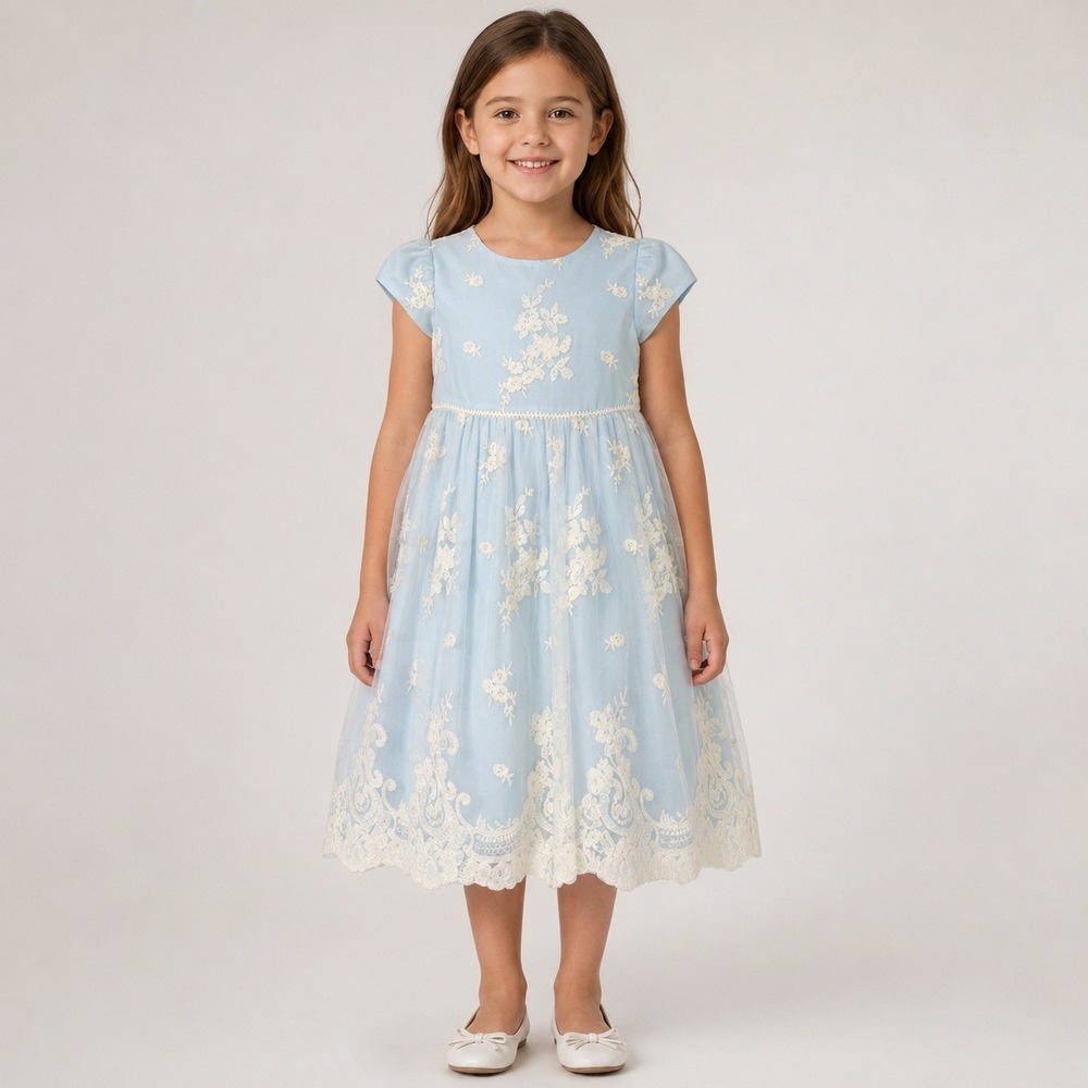 Pippa & Julie Girls 6X Blue Embroidered Tulle Party Dress Flower Girl